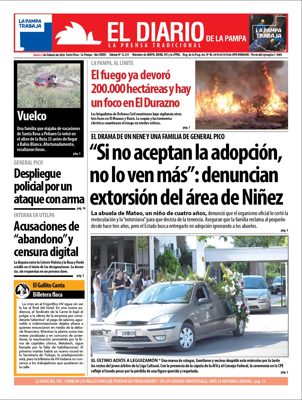 Tapa de El Diario en papel  jueves 05 de febrero de 2026